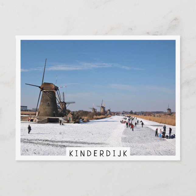 Ice skating along the windmills in winter postcard (Front)