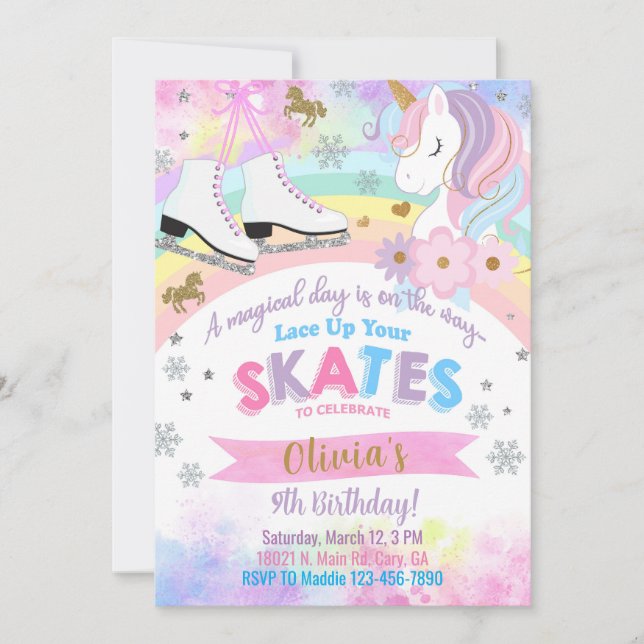 Ice Skating and Unicorn girl birthday invitation. Invitation (Front)