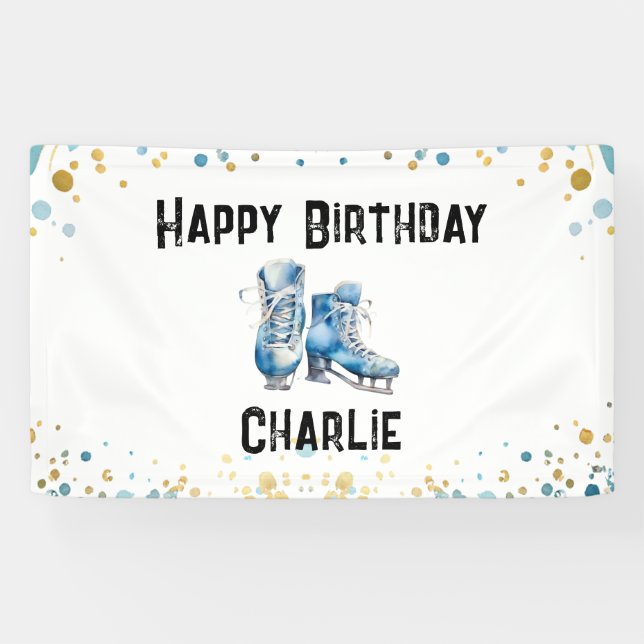 Ice Skating Birthday Blue Gold Party Banner (Horizontal)