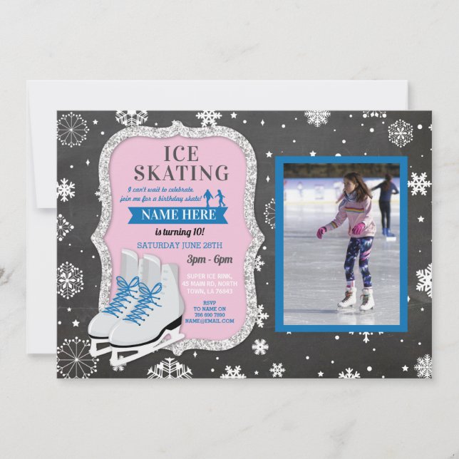 Ice Skating Birthday Blue Photo Skate Snowflakes Invitation (Front)