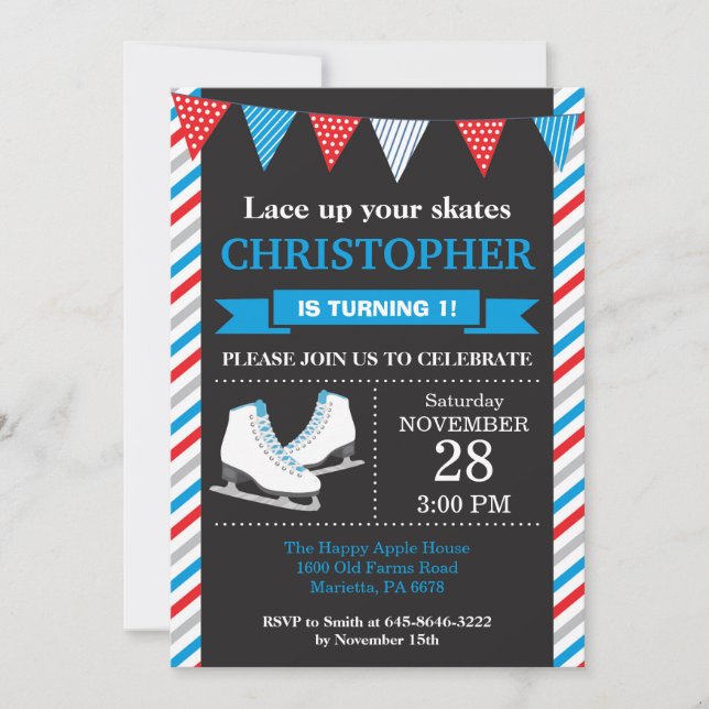 Ice Skating Birthday Invitation 1st Birthday Party (Front)