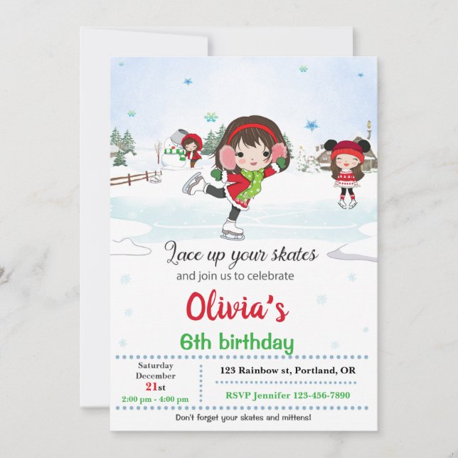 Ice skating birthday invitation Winter invitation (Front)