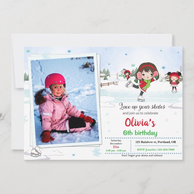 Ice skating birthday invitation Winter invitation (Front)