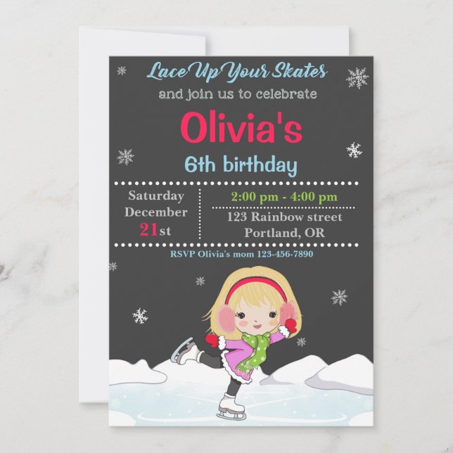 Ice skating birthday invitation Winter invitation (Front)