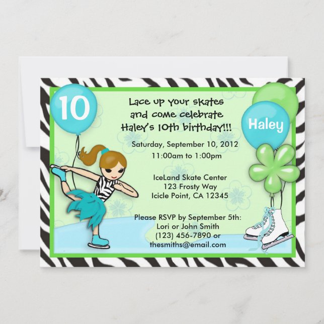 Ice Skating Birthday Invitation zebra print (Front)