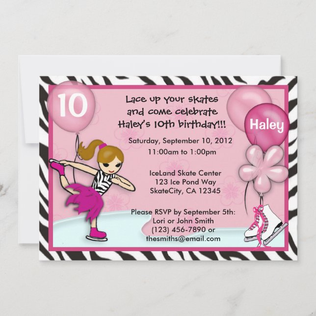 Ice Skating Birthday Invitation zebra print pink (Front)