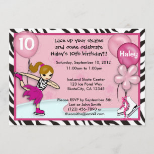 Ice Skating Birthday Invitation zebra print pink