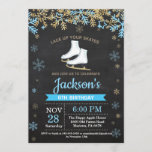 Ice Skating Birthday Party Blue Skate Invitation<br><div class="desc">Ice Skating Birthday Party Blue Skate Invitation. Boy Birthday. Blue and Gold Glitter Snowflake. Winter Christmas Holiday. Chalkboard Background. Black and White. 1st 2nd 3rd 4th 5th 6th 7th 8th 9th 10th 11th 12th 13th 14th 15th, any age. For further customisation, please click the "Customise it" button and use our...</div>