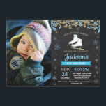 Ice Skating Birthday Party Blue Skate Photo Invitation<br><div class="desc">Ice Skating Birthday Party Blue Skate Invitation with custom photo. Boy Birthday. Blue and Gold Glitter Snowflake. Winter Christmas Holiday. Chalkboard Background. Black and White. 1st 2nd 3rd 4th 5th 6th 7th 8th 9th 10th 11th 12th 13th 14th 15th, any age. For further customisation, please click the "Customise it" button...</div>