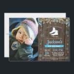 Ice Skating Birthday Party Blue Skate Photo Invitation<br><div class="desc">Ice Skating Birthday Party Blue Skate Invitation with custom photo. Boy Birthday. Blue and Gold Glitter Snowflake. Winter Christmas Holiday. Rustic Wood Background. Country Vintage Retro Barn. 1st 2nd 3rd 4th 5th 6th 7th 8th 9th 10th 11th 12th 13th 14th 15th, any age. For further customisation, please click the "Customise...</div>