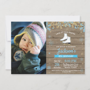 Ice Skating Birthday Party Blue Skate Photo Invitation