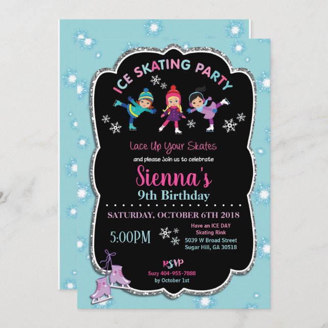 Ice Skating Birthday Party Girls Snowflakes Invitation (Front/Back)