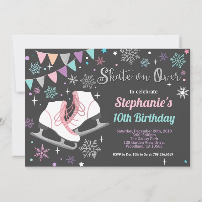 Ice skating birthday party pastel chalkboard invitation (Front)