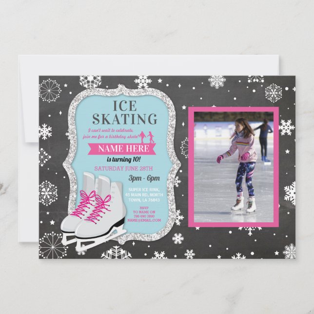 Ice Skating Birthday Party Photo Skate Snowflakes Invitation (Front)