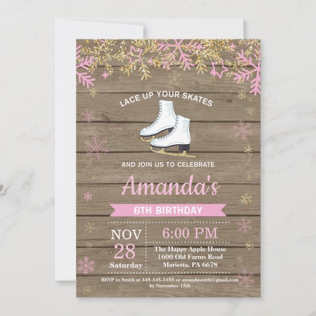 Ice Skating Birthday Party Pink Skate Invitation (Front)
