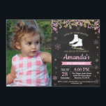 Ice Skating Birthday Party Pink Skate Photo Invitation<br><div class="desc">Ice Skating Birthday Party Pink Skate Invitation with custom photo. Girl Birthday. Pink and Gold Glitter Snowflake. Winter Christmas Holiday. Chalkboard Background. Black and White. 1st 2nd 3rd 4th 5th 6th 7th 8th 9th 10th 11th 12th 13th 14th 15th, any age. For further customisation, please click the "Customise it" button...</div>