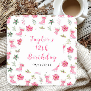 Ice Skating Birthday Party Pink Square Paper Coaster