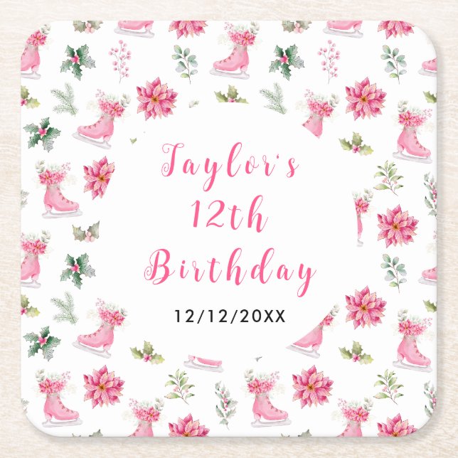 Ice Skating Birthday Party Pink Square Paper Coaster (Front)