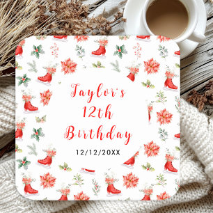 Ice Skating Birthday Party Red Square Paper Coaster