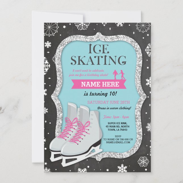 Ice Skating Birthday Party Snowflake Chalk Invite (Front)