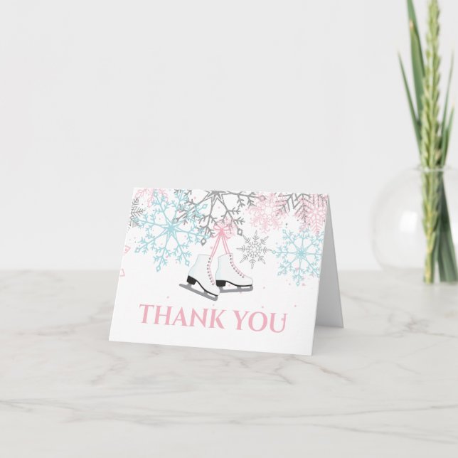Ice Skating Birthday Pink Blue Snowflakes Thank You Card (Front)