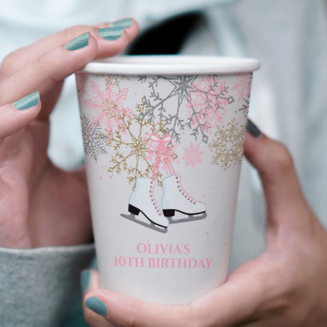 Ice Skating Birthday Pink Gold Snowflakes Paper Cups (Creator Uploaded)