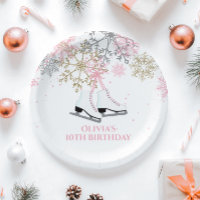 Ice Skating Birthday Pink Gold Snowflakes