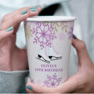 Ice Skating Birthday Purple and Gold Snowflake Paper Cups