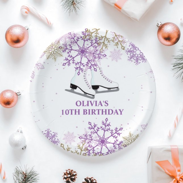 Ice Skating Birthday Purple and Gold Snowflake Paper Plate (Creator Uploaded)