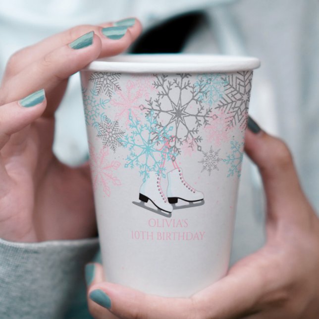 Ice Skating Birthday Snowflakes Pink Blue Silver Paper Cups (Creator Uploaded)