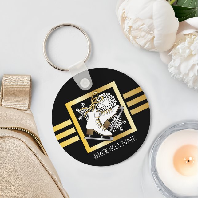 Ice Skating Black Gold Girly Modern Name Template Key Ring (Creator Uploaded)