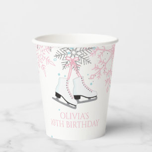 Ice Skating Blue Pink Snowflakes Birthday Paper Cups