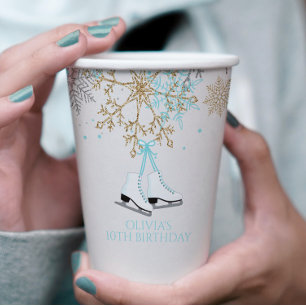 Ice Skating Blue Silver Gold Snowflakes Birthday Paper Cups