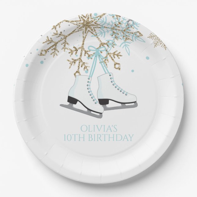 Ice Skating Blue Silver Gold Snowflakes Birthday Paper Plate (Front)