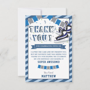 Ice Skating Boy Birthday Party Blue Stripes Thank You Card