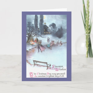 Ice Skating by Moonlight Vintage Christmas Holiday Card