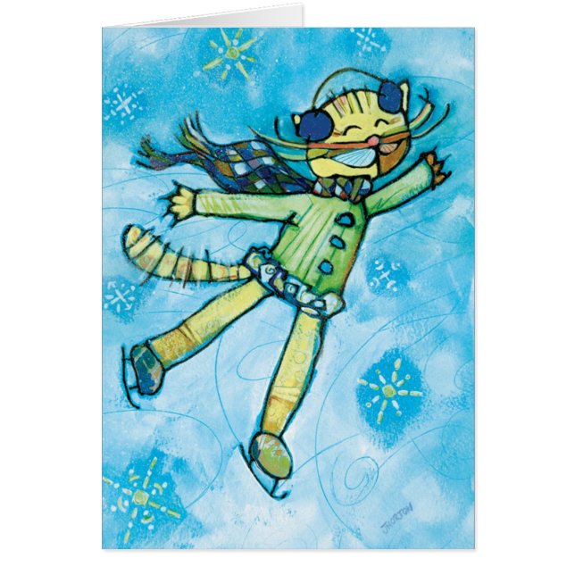 Ice Skating Cat Illustrated Christmas Card (Front)