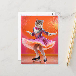 Ice Skating Cat in Pink Postcard