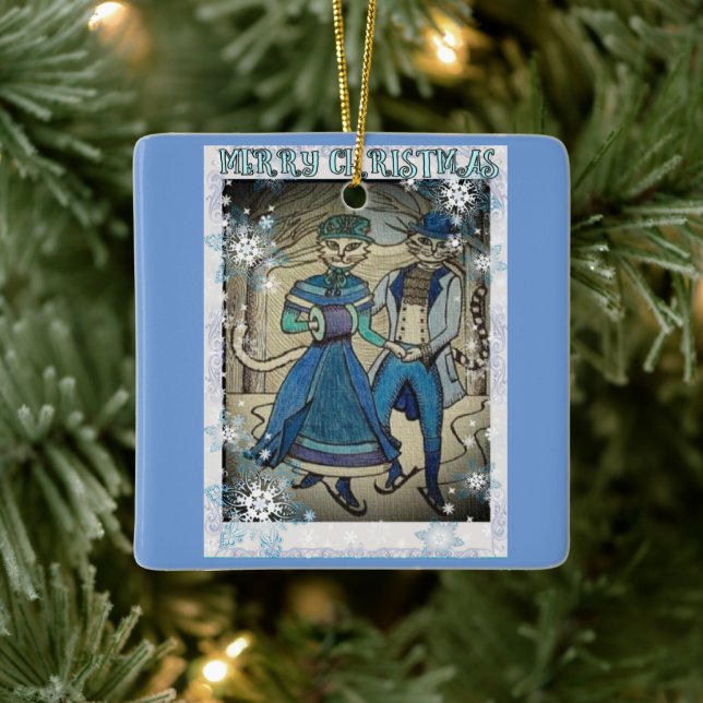 Ice Skating Cats Ceramic Ornament (Tree)