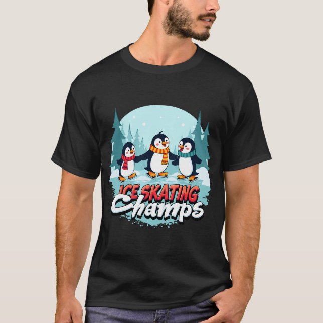 "ICE SKATING Champs" Three joyful penguins holding T-Shirt (Front)
