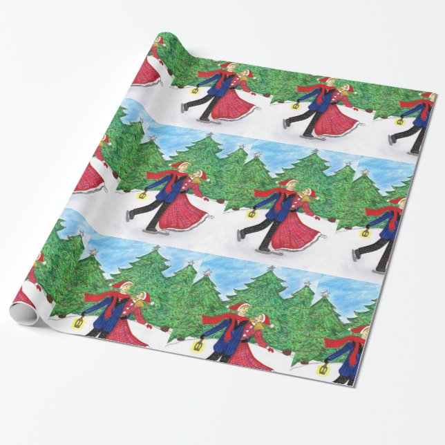 Ice Skating Christmas Wrapping Paper (Unrolled)