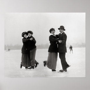 Ice Skating Couples, 1915. Vintage Winter Photo Poster