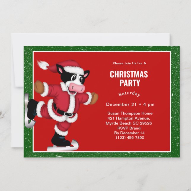 Ice Skating Cow Christmas Party Invitation (Front)