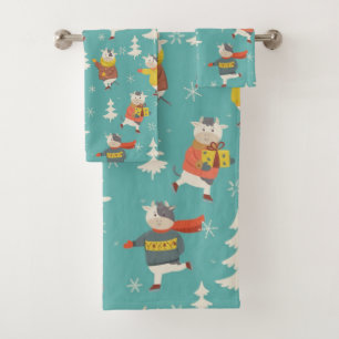 Ice Skating Cows Christmas Pattern Bath Towel Set