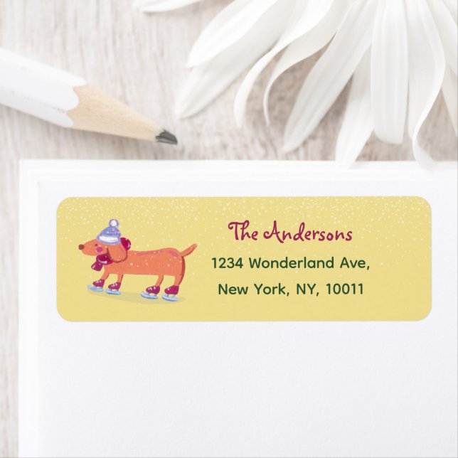 Ice Skating Dachshund Cream Yellow Return Address Label (Insitu)