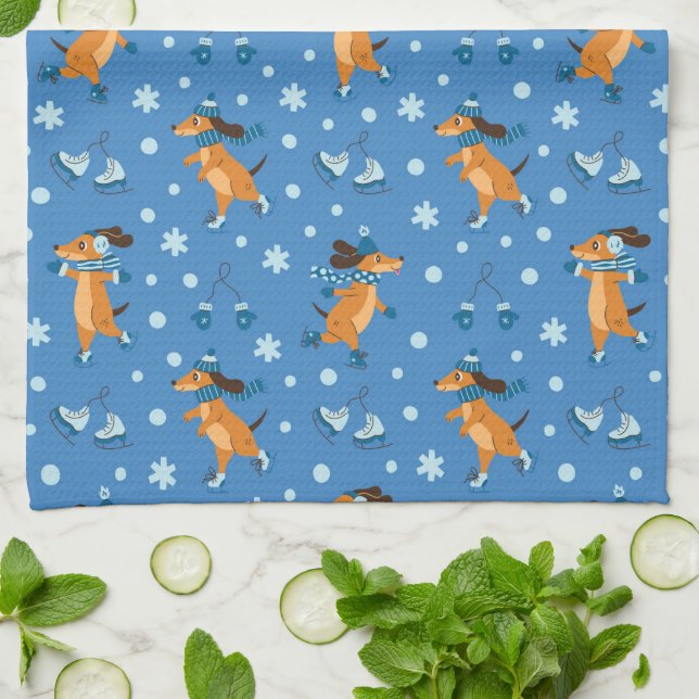 Ice Skating Dogs Pattern Kitchen Towel (Folded)
