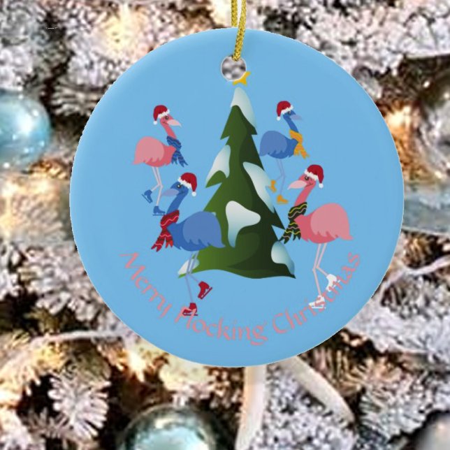 Ice Skating Flamingos Christmas Illustration Photo Ceramic Ornament (Creator Uploaded)