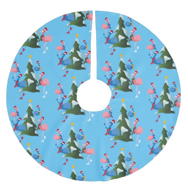 Ice Skating Flamingos with Santa Hats Brushed Polyester Tree Skirt (Front)