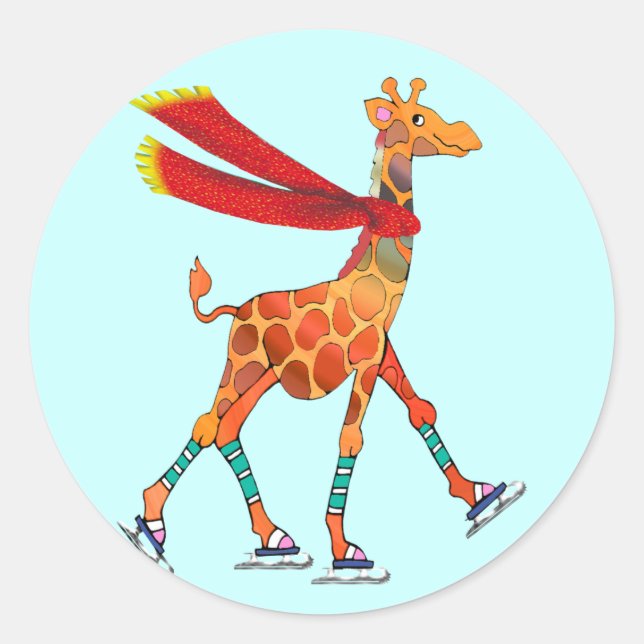Ice Skating Giraffe with Scarf Classic Round Sticker (Front)