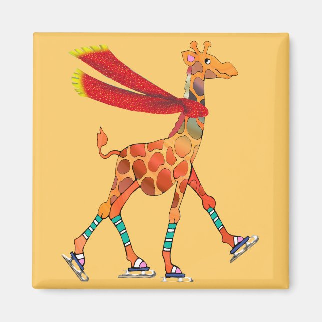 Ice Skating Giraffe with Scarf Magnet (Front)